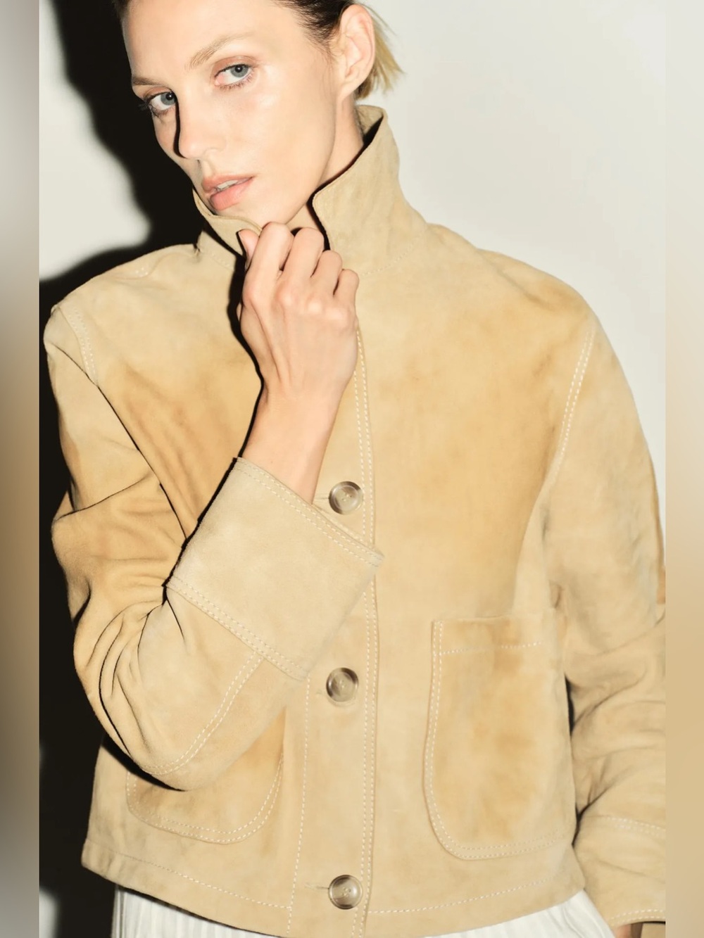 NWOT ZARA Genuine Suede Button-Front Jacket in Beige